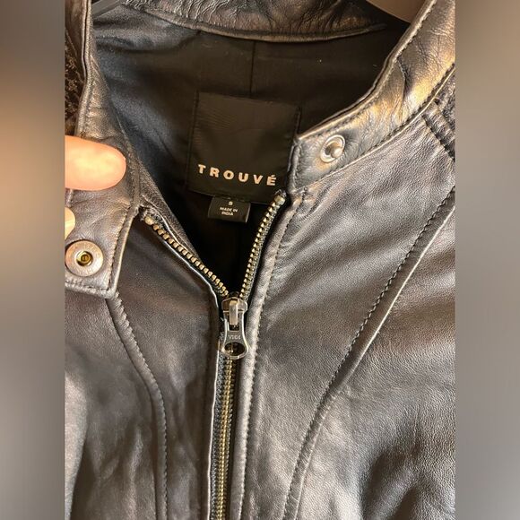 Trouve Black Quilted Bomber Jacket leather houndstooth zip up moto classic S - Picture 4 of 15